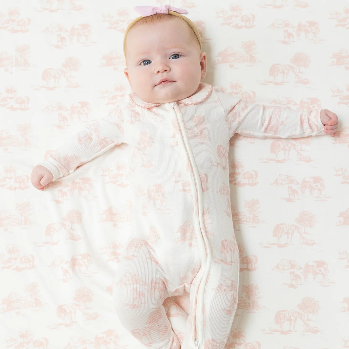 Peter Pan Zipper Footie - Farm Toile Pink