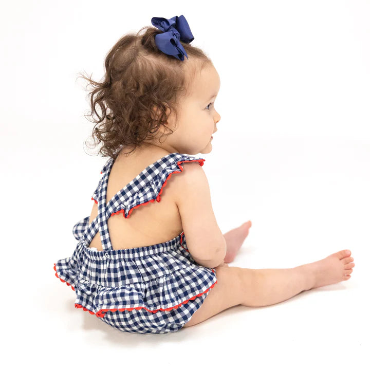 Ric-Rac Ruffle Sunsuit | Navy Gingham