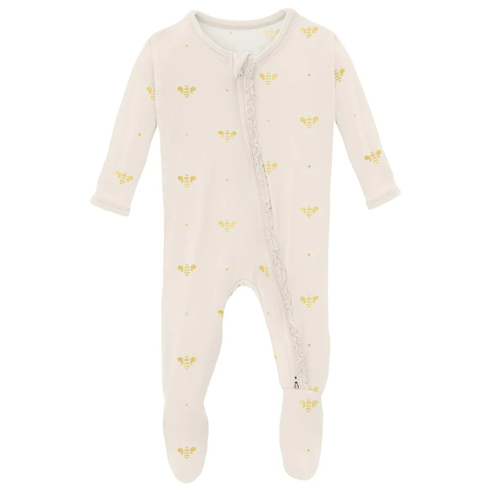 Ruffle 2 Way Zipper Footie | Gold Bees