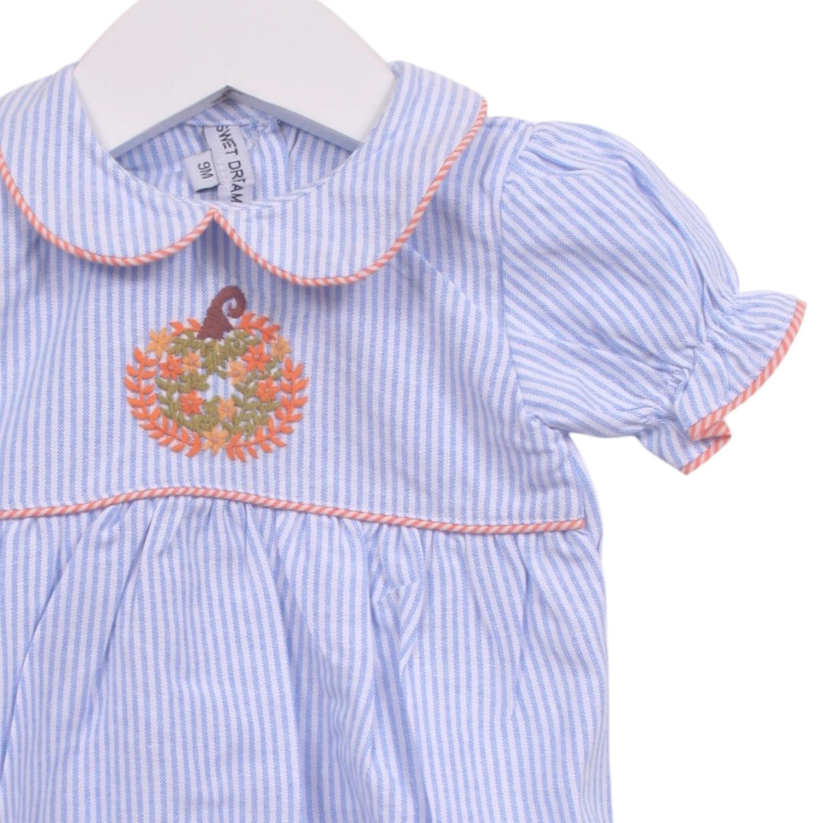 Pumpkin Embroidered Blue Stripe | Girls Bubble