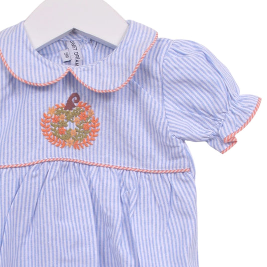 Pumpkin Embroidered Blue Stripe | Girls Bubble