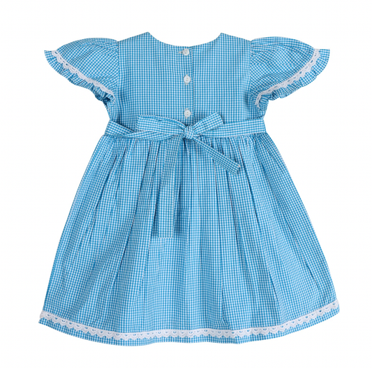 Columbia Blue Gingham Embroidered Yoke Dress