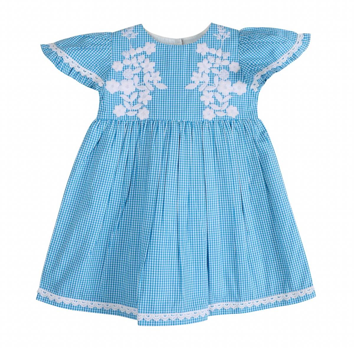Columbia Blue Gingham Embroidered Yoke Dress