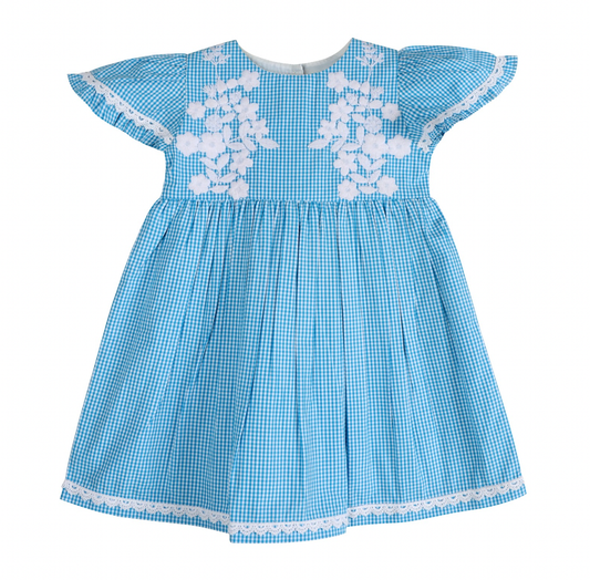 Columbia Blue Gingham Embroidered Yoke Dress