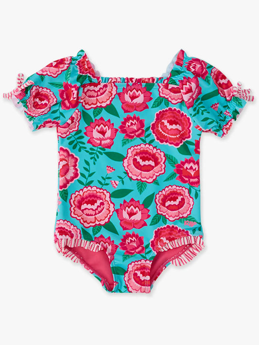 Girls Bright Blossoms Puff Sleeve One Piece Swimsuit
