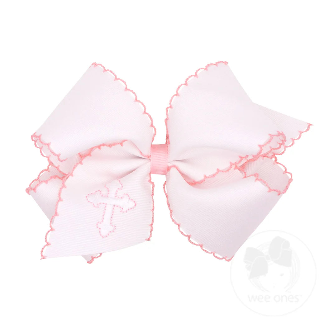 Hair Bow on Clip | White with Moonstitch Edge and Cross Embroidery