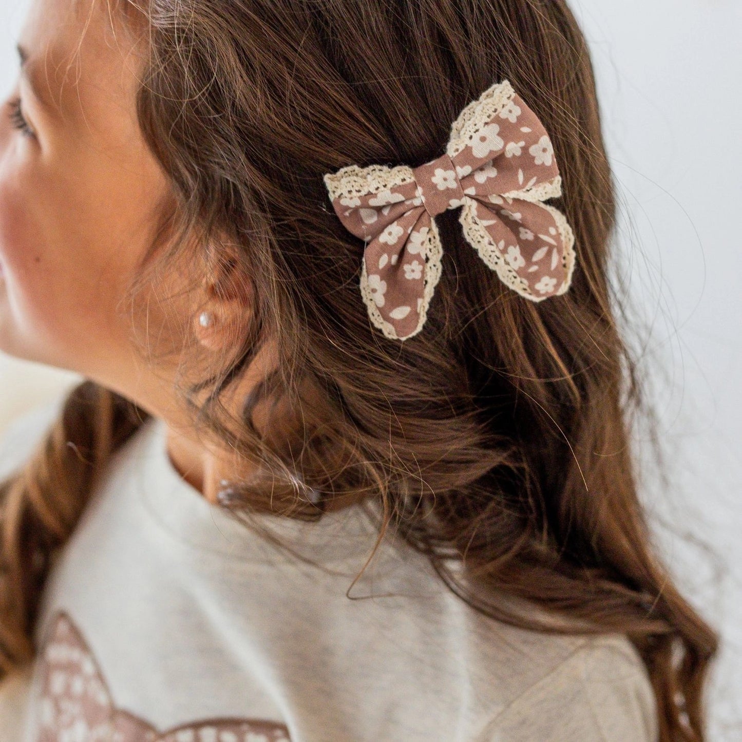 Mocha Floral Lace Bow Clip Set - Hair Bows