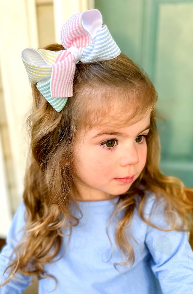 Hair Bow on Clip | Color Block Seersucker