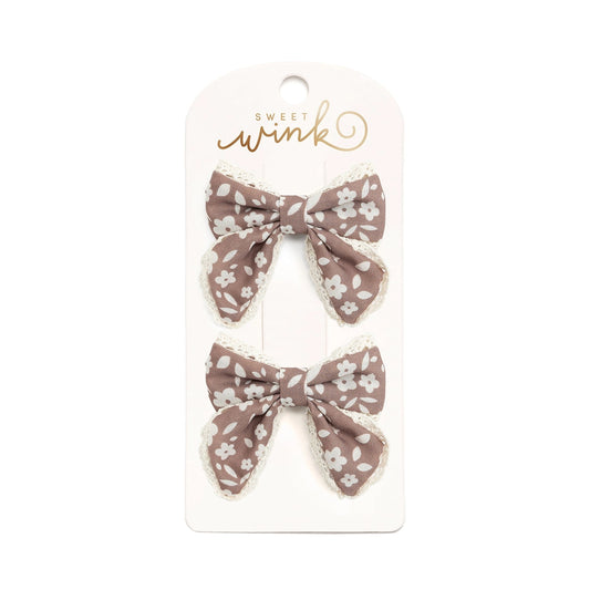 Mocha Floral Lace Bow Clip Set - Hair Bows