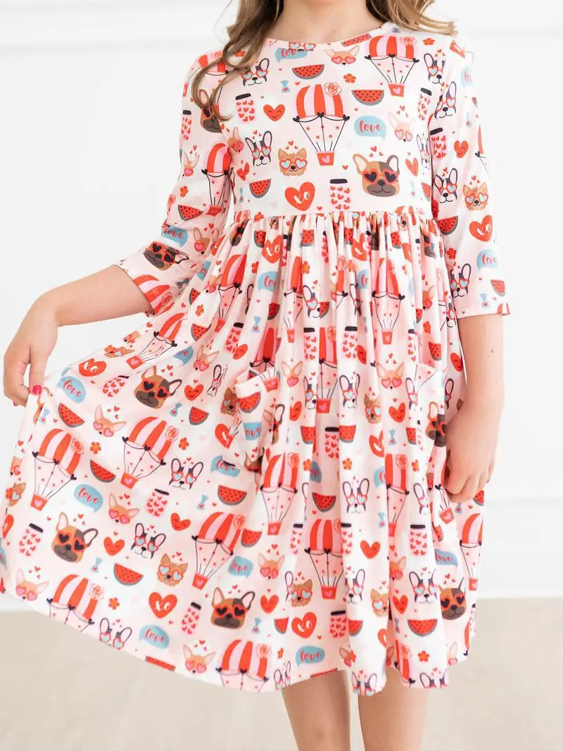 Puppy Love 3/4 Sleeve Pocket Twirl Dress