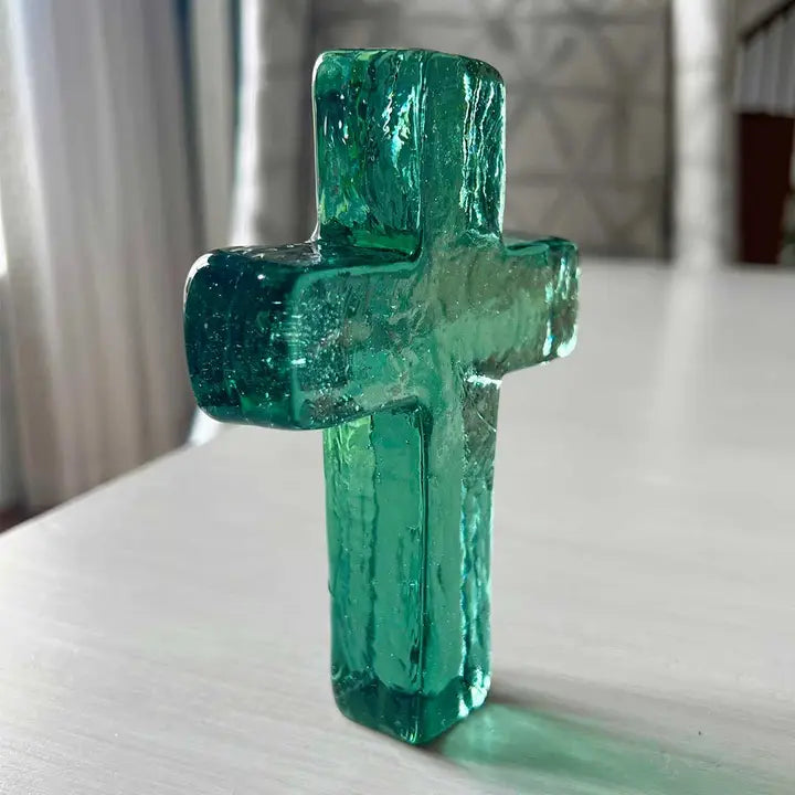 Glass Cross | Baby Gift Seaglass Green