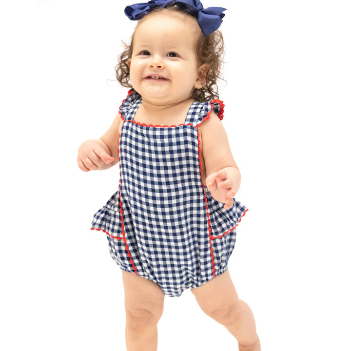 Ric-Rac Ruffle Sunsuit | Navy Gingham