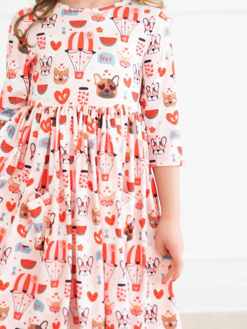 Puppy Love 3/4 Sleeve Pocket Twirl Dress