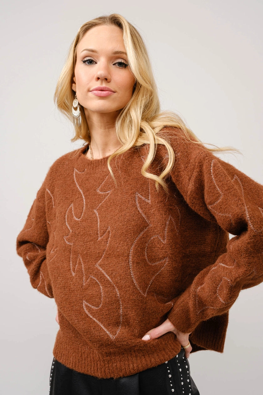Western Boots Stitch Pattern Crew Neck Sweater
