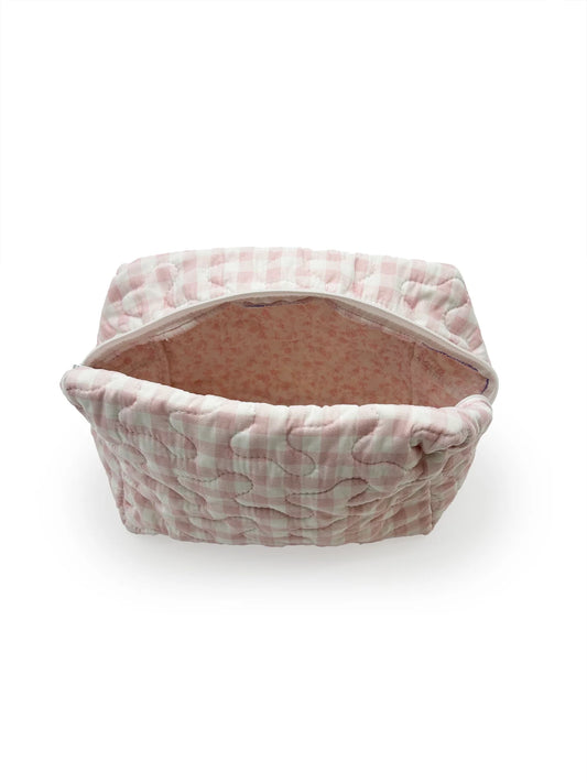 Anthia Gingham Pink Quilted Makeup Bag