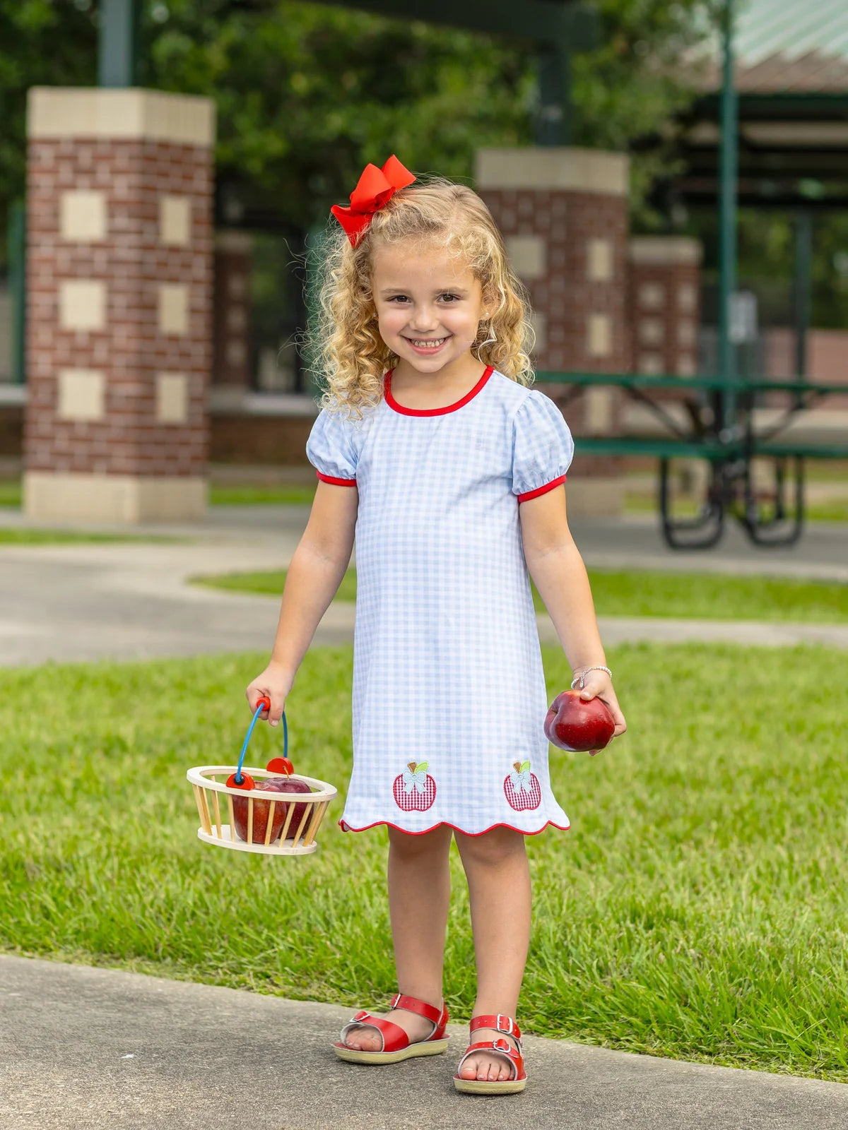 Apple Trio Dress | Blue Gingham