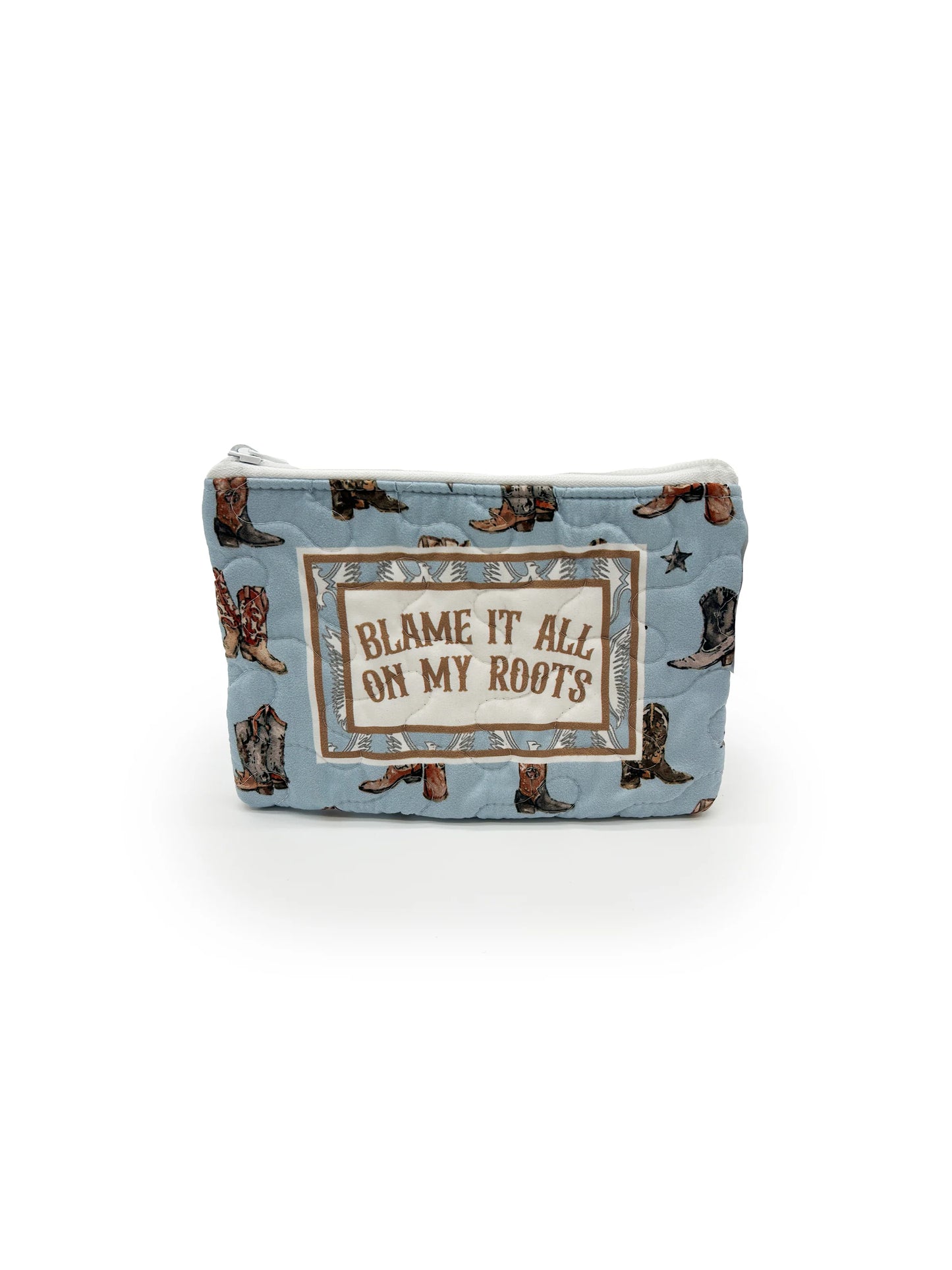 Blame It All On My Roots" Blue Quilted Makeup Bag