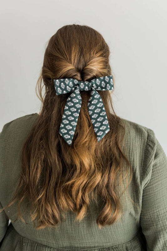 Flat Bow with Clip I Dark Green Block Print