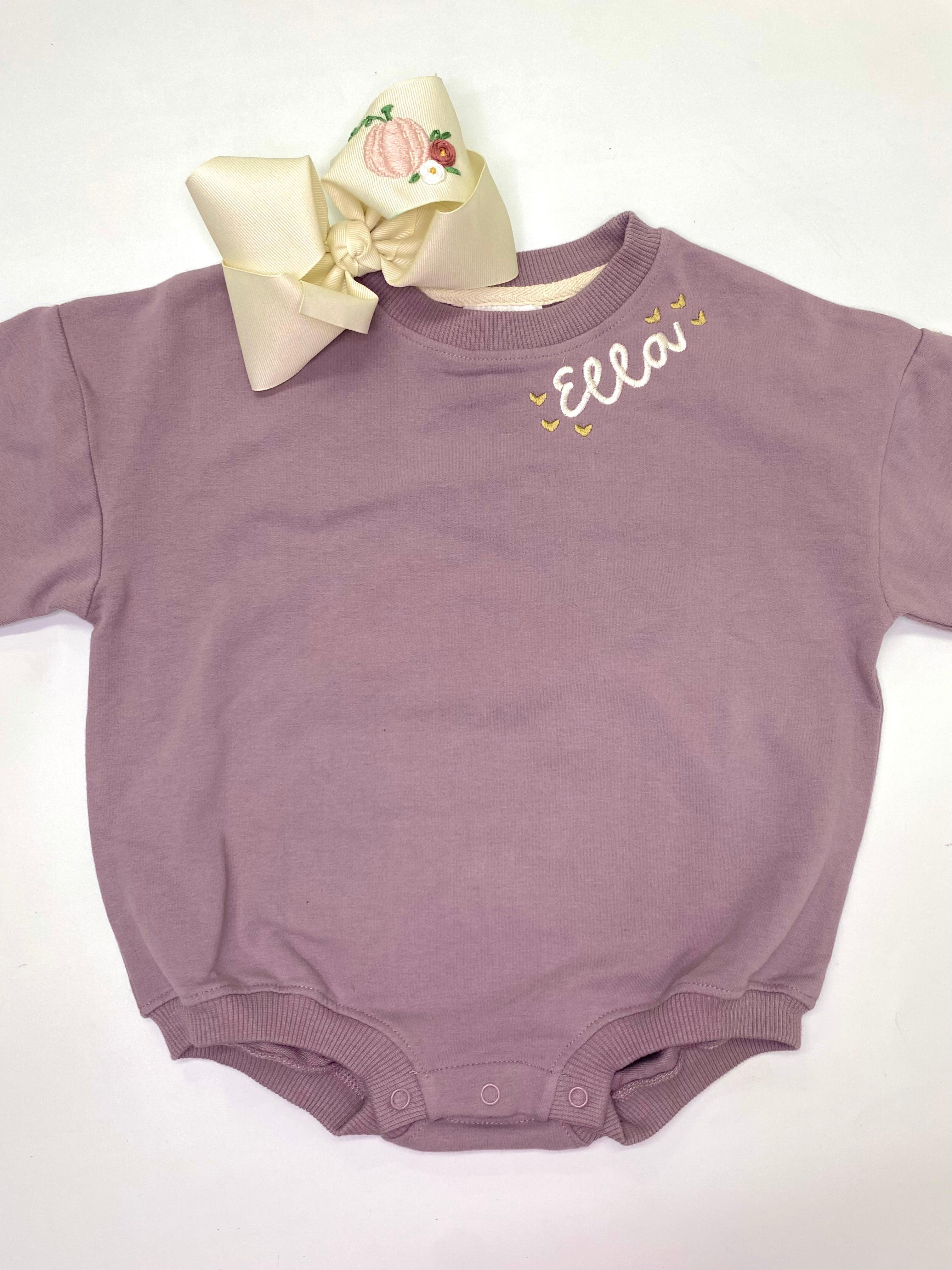 Sweater Bubble Romper | White Everly with Hearts | Purple