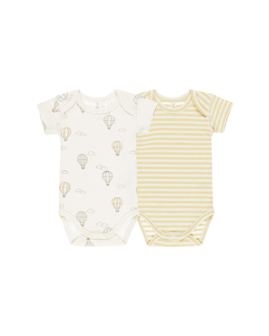 2 Pack Short Sleeve Bodysuit | Hot Air Balloons + Yellow Stripe