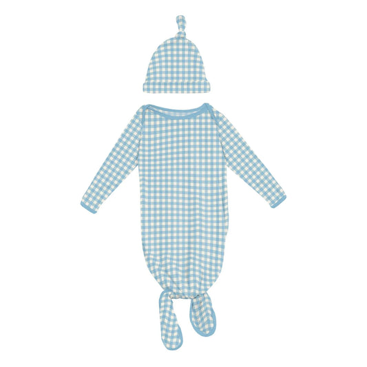 Seaside Blue Gingham | Knotted Layette Gown & Hat Set