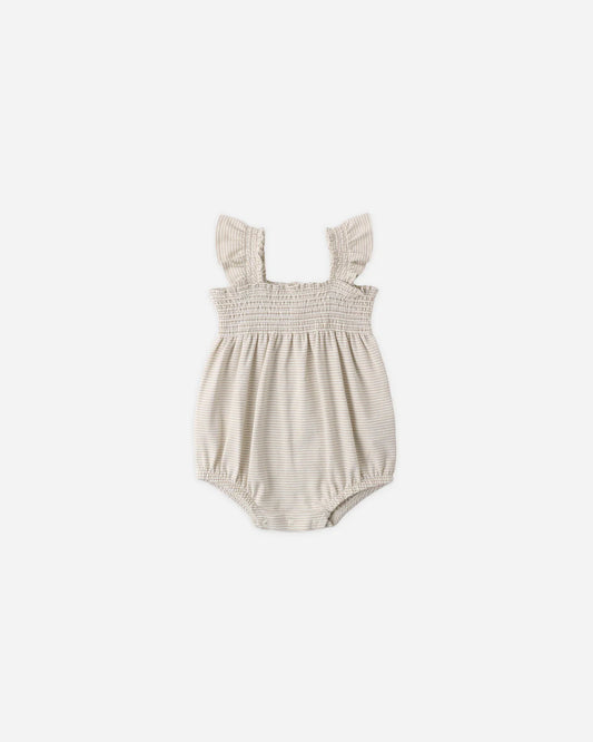 Smocked Ruffle Sleeve Romper Oat Micro Stripe