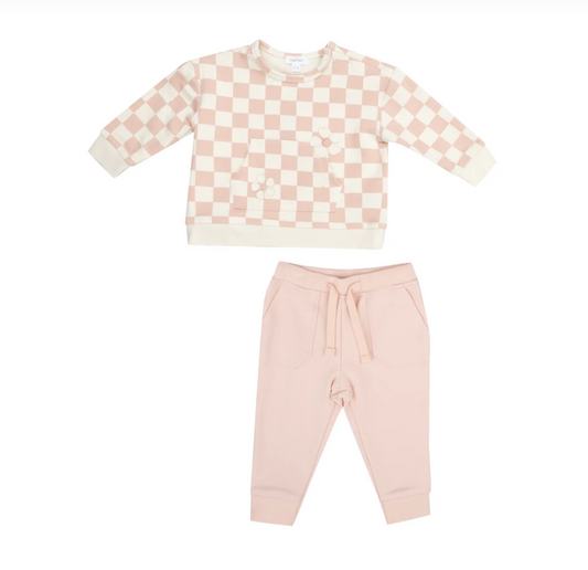 Sweatshirt + Jogger Set | Checkerboard Pink Daisy