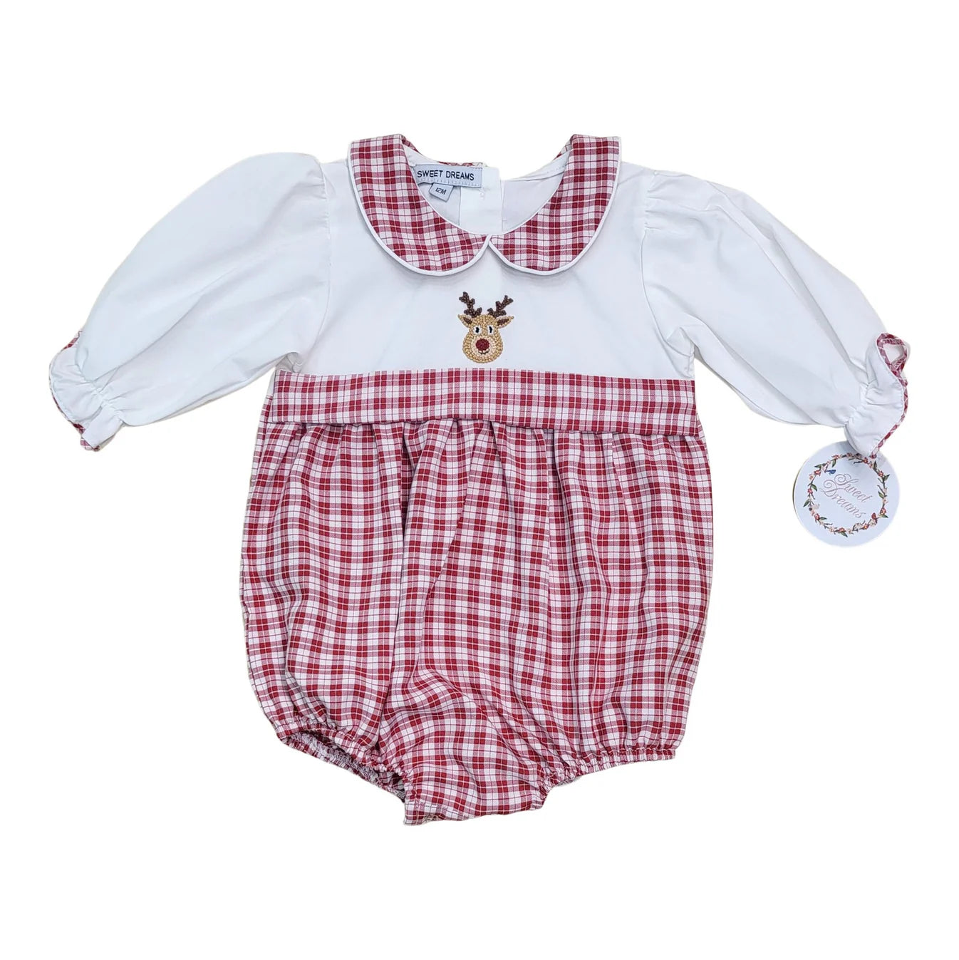 Embroidered Rudolf White & Red Plaid Bubble