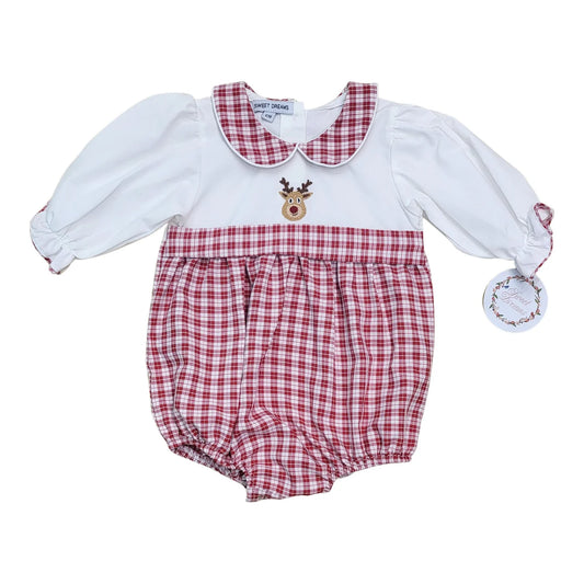 Embroidered Rudolf White & Red Plaid Bubble