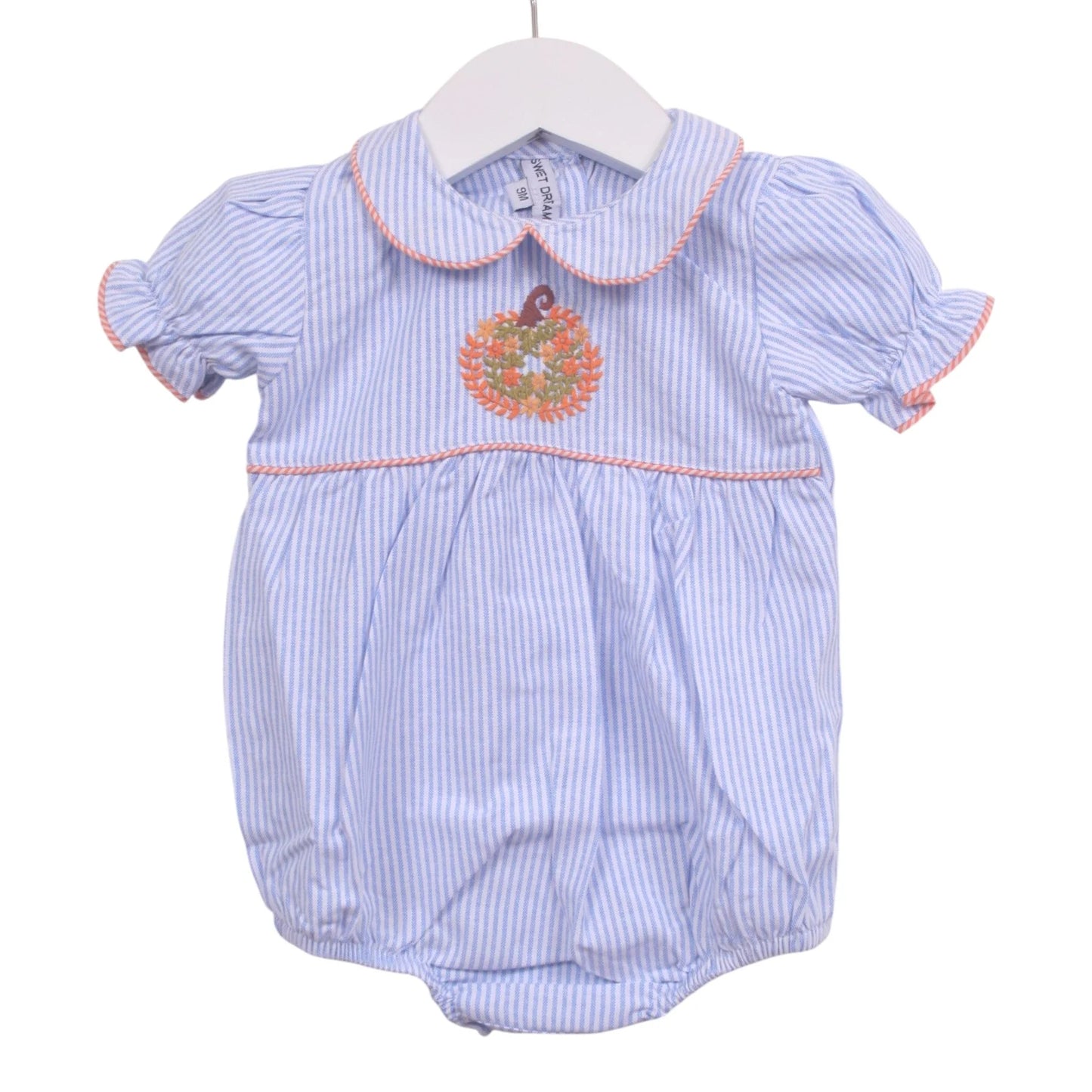 Pumpkin Embroidered Blue Stripe | Girls Bubble