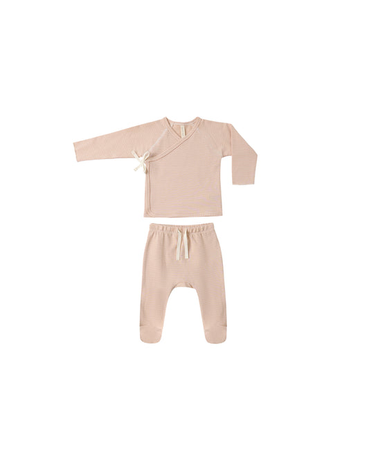 Wrap Top + Footed Pant Set | Melon Micro Stripe