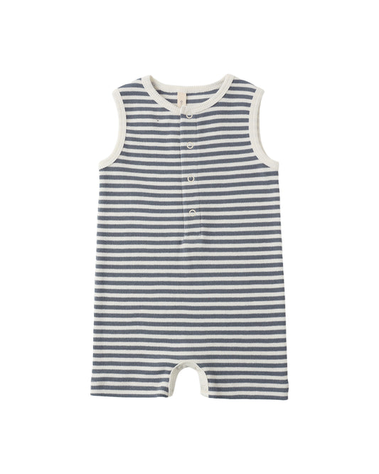Ribbed Henley Romper - Ocean Stripe