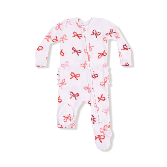 Candy Cane Bows - 2 Way Zipper Ruffle Back Footie