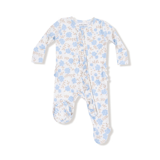 Blue Floral - 2 Way Ruffle Zipper Footie