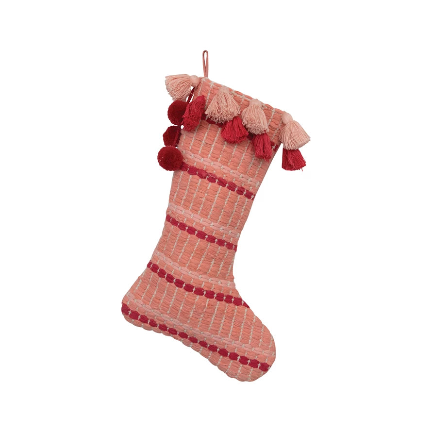 Woven cotton Stocking with Tassels | Red and Pink