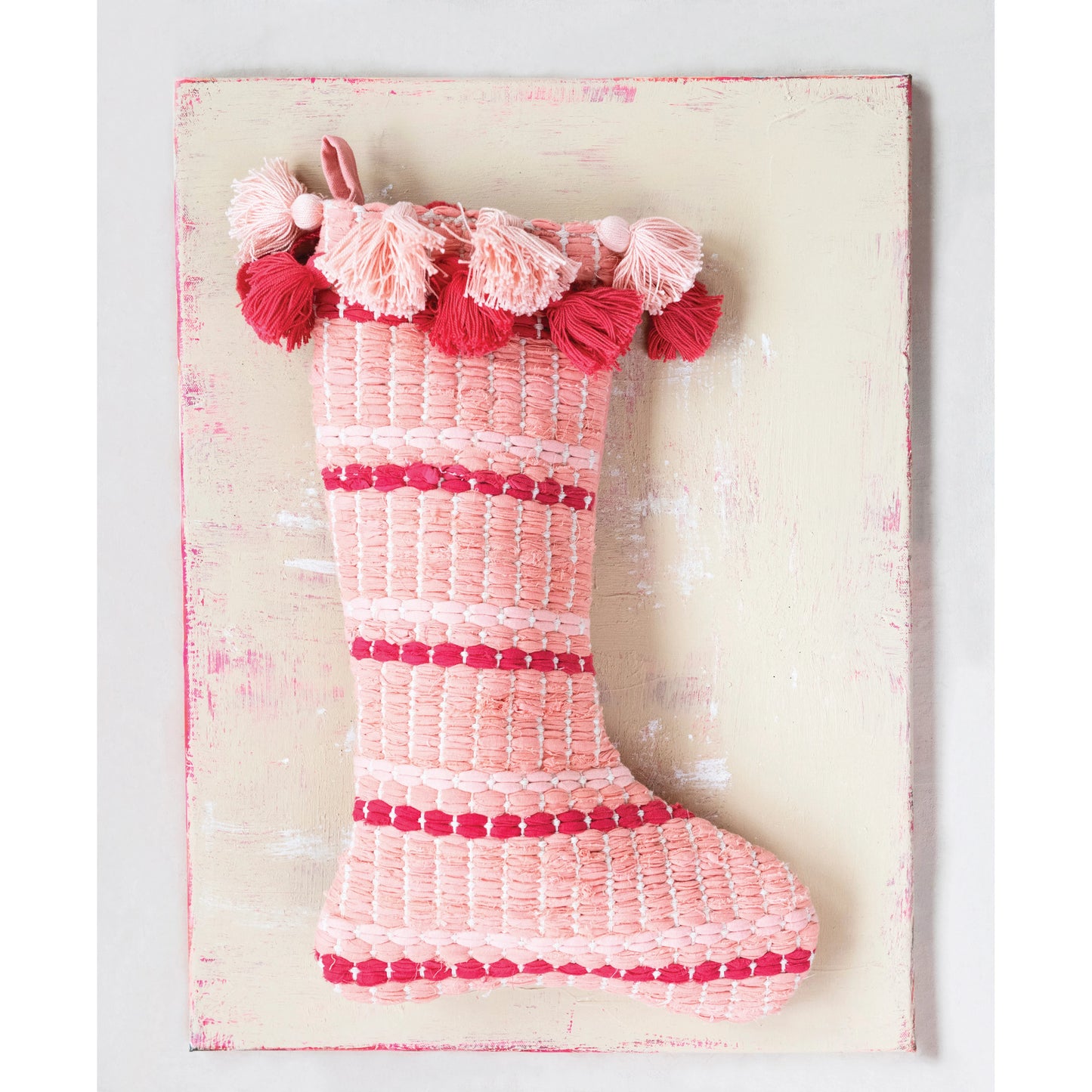 Woven cotton Stocking with Tassels | Red and Pink